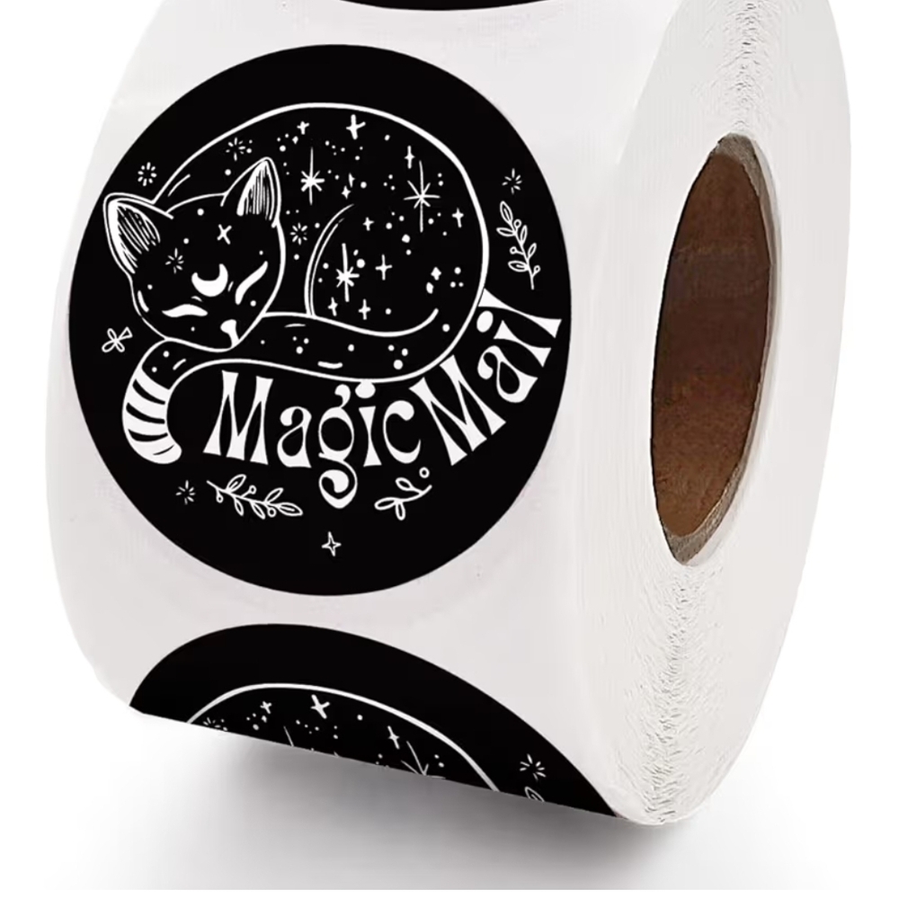Magic Mail Cat Stickers 1.7" Round Black White Package Seals 100 Count Roll NWT